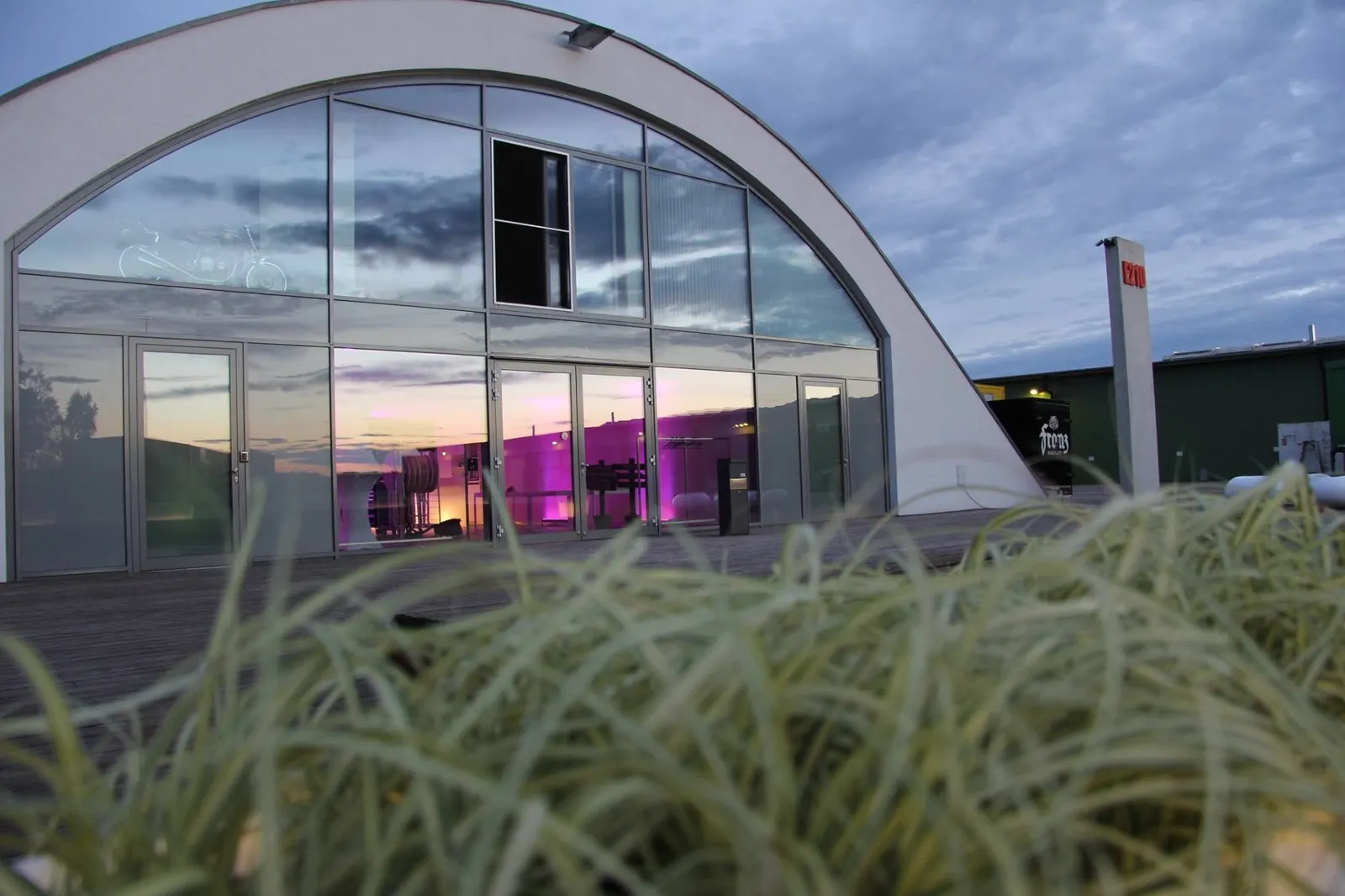 Der Hangar von außen mit Glasfront, Gräser im Vordergrund